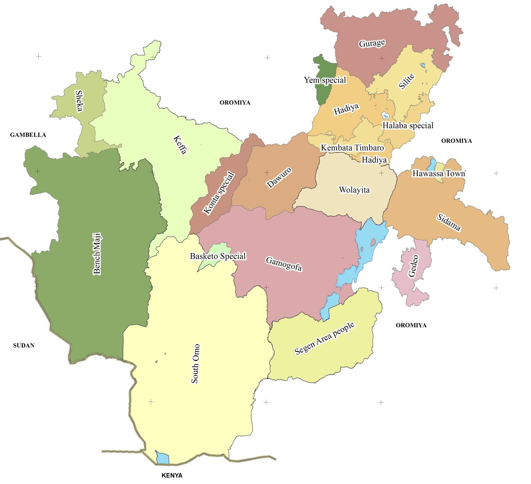 Map of SNNP, (Southern Nations, Nationalities, and Peoples) Region of Ethiopia showing administrative areas