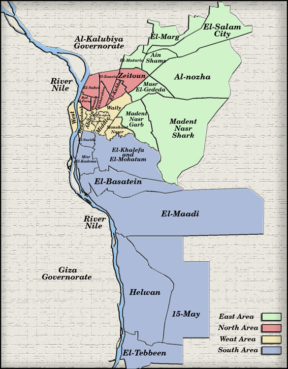 Map of Cairo, Egypt Showing East, West, North and South
