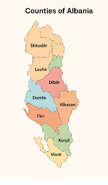 The 12 Counties of Albania and their Capitals, Districts, Municipalities, Cities, Villages
