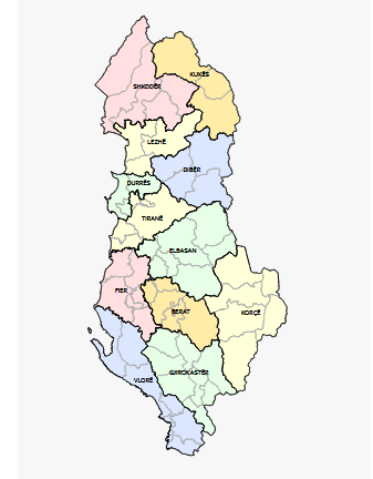 Albania's 12 Counties and their Capitals, Districts, Municipalities, Cities, Villages