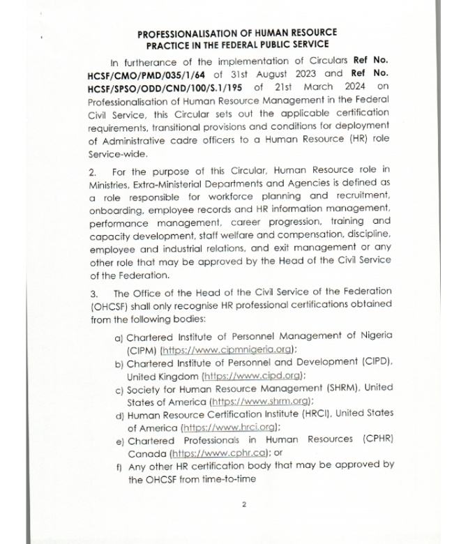 Circular on FG Gives HR Personnel 12 Months to Obtain Professional Certification 2