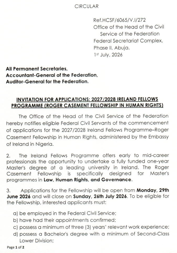 Scholarship for Nigerian Federal Civil Servants: The Ireland Fellows Programme 2027/2028